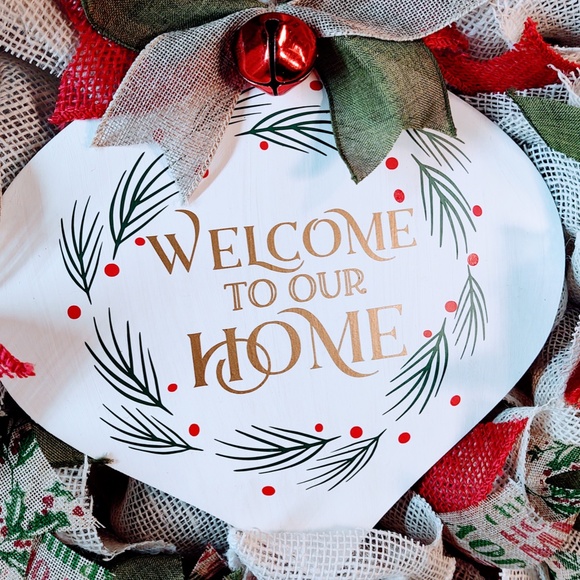 HAND CRAFTED CHRISTMAS BURLAP WREATH 24" "WELCOME TO OUR HOME WOOD SIGN" - Picture 3 of 9